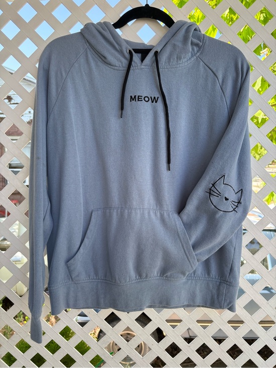 Tops - Light Blue Cat Hoodie - Cute Cat Embroidered Sleeve
